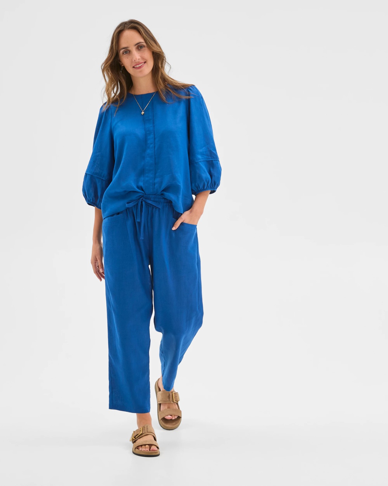 European Linen Femme Popover Blouse - Deep Ocean 2 of 6