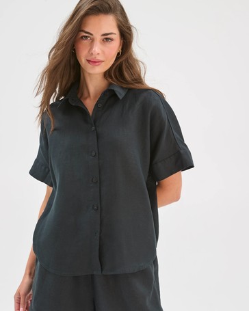 Petites European Linen Boxy Short Sleeve Shirt