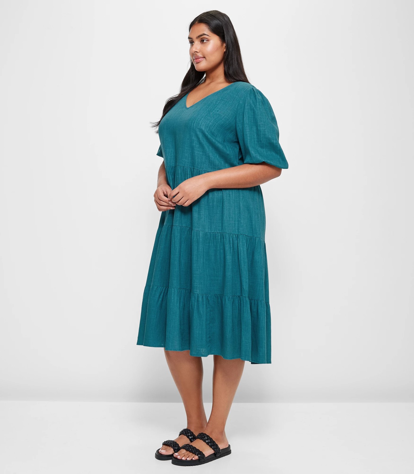 Plus Size Linen Blend Tiered Midi Dress - Col Blue | Target Australia