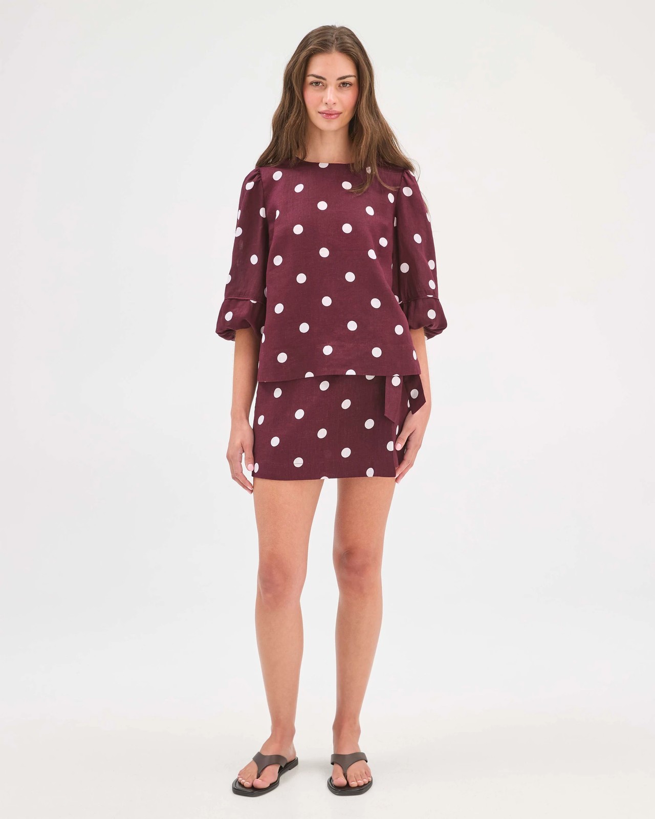 Petites European Linen 3/4 Sleeve Trim Detail Blouse - Merlot 5 of 6