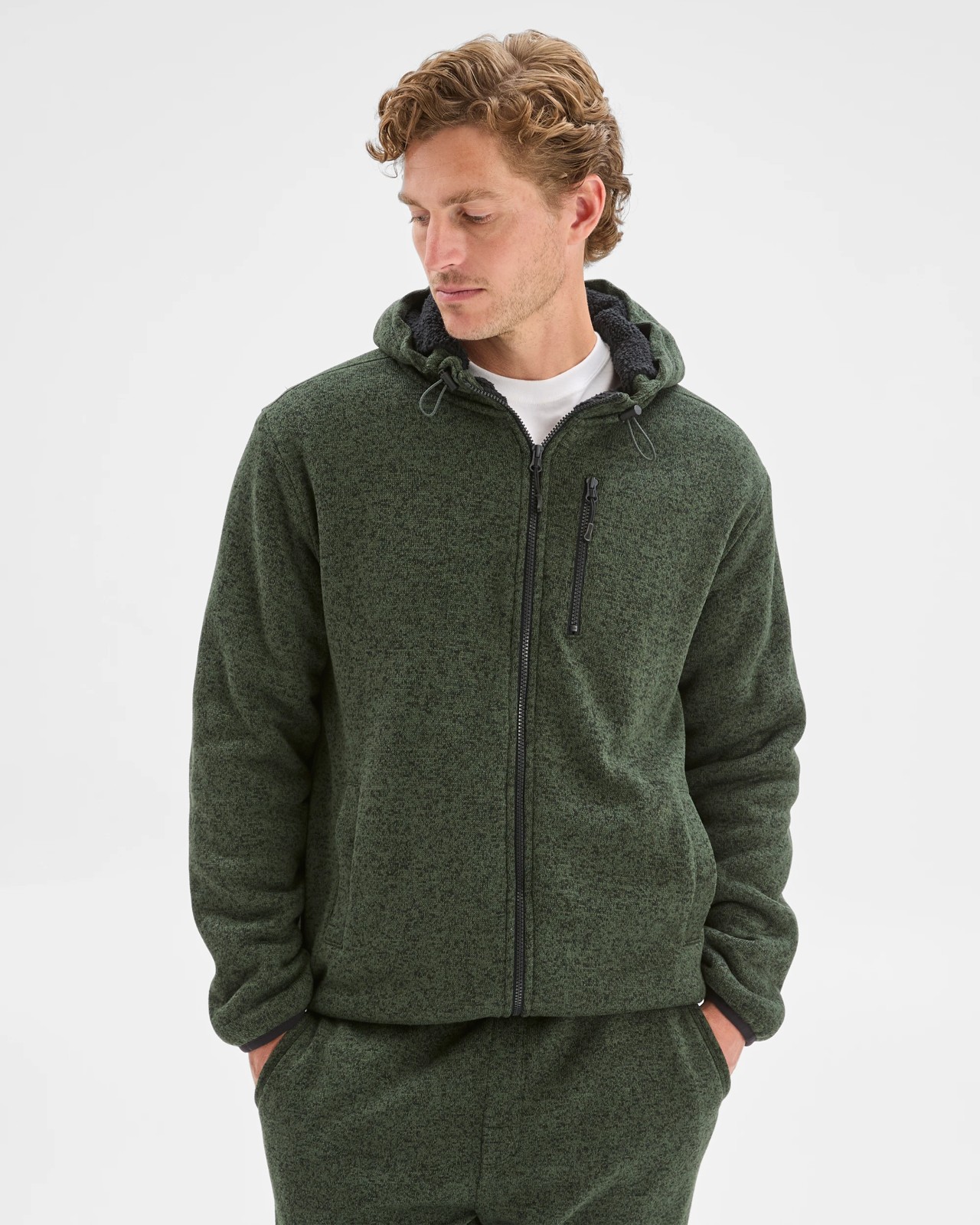 Teddy Lined Zip Through Fleece Hoodie - Green Marle 3 of 6