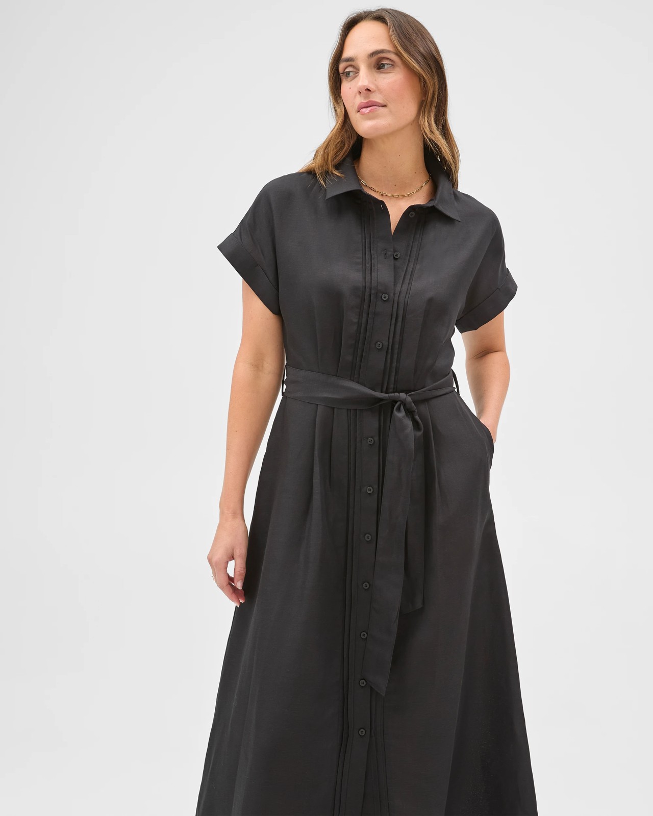 Preview Short Sleeve Pintuck Midi Shirt Dress - Black 5 of 5