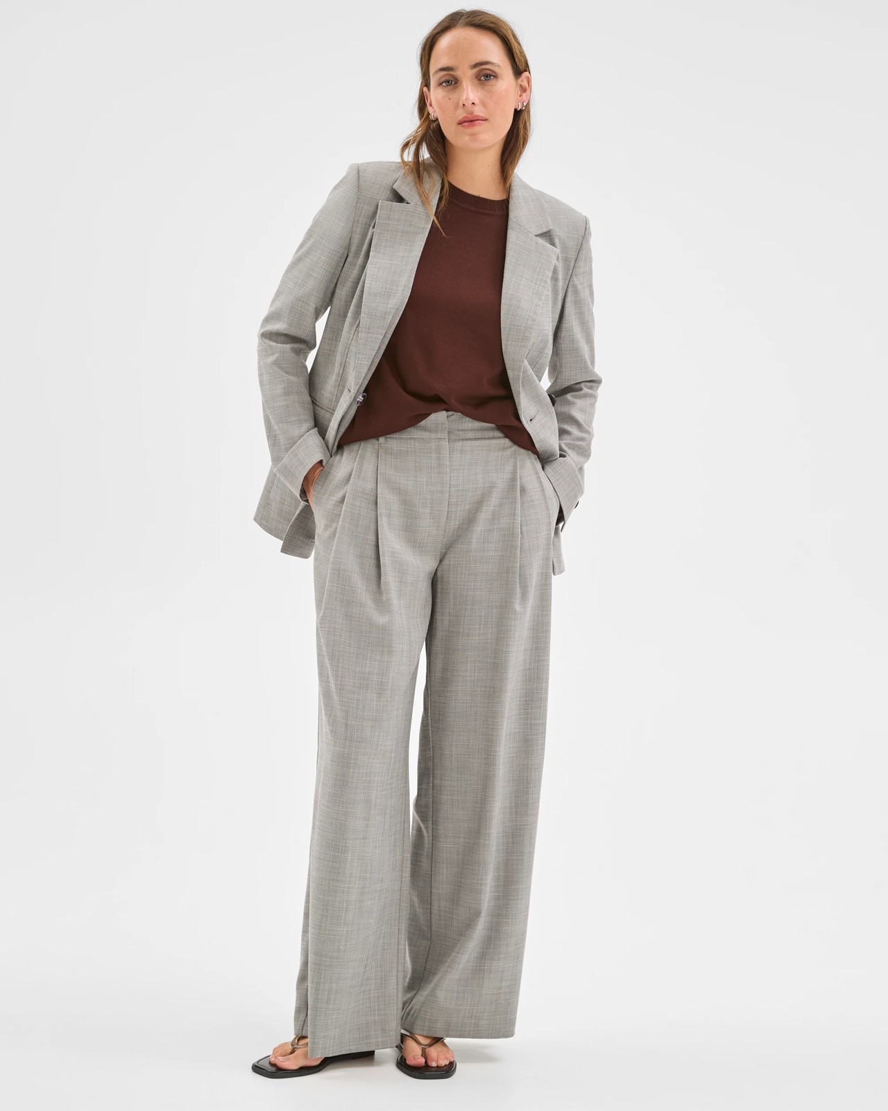 Preview Double Pleat Wide Leg Pants - Grey Melange 2 of 6