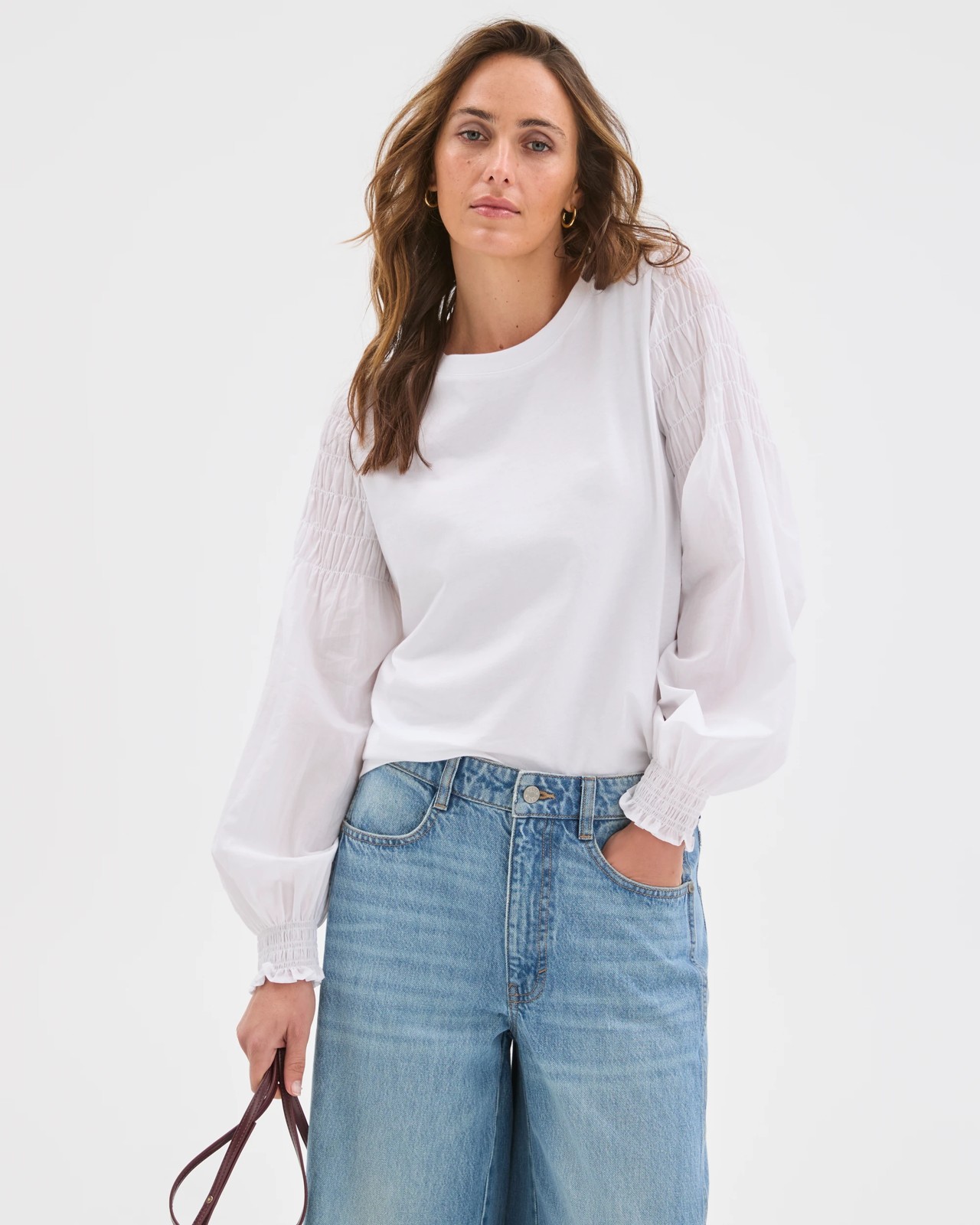 Australian Cotton Long Sleeve Shirred Sleeve Top - Brilliant White 3 of 6