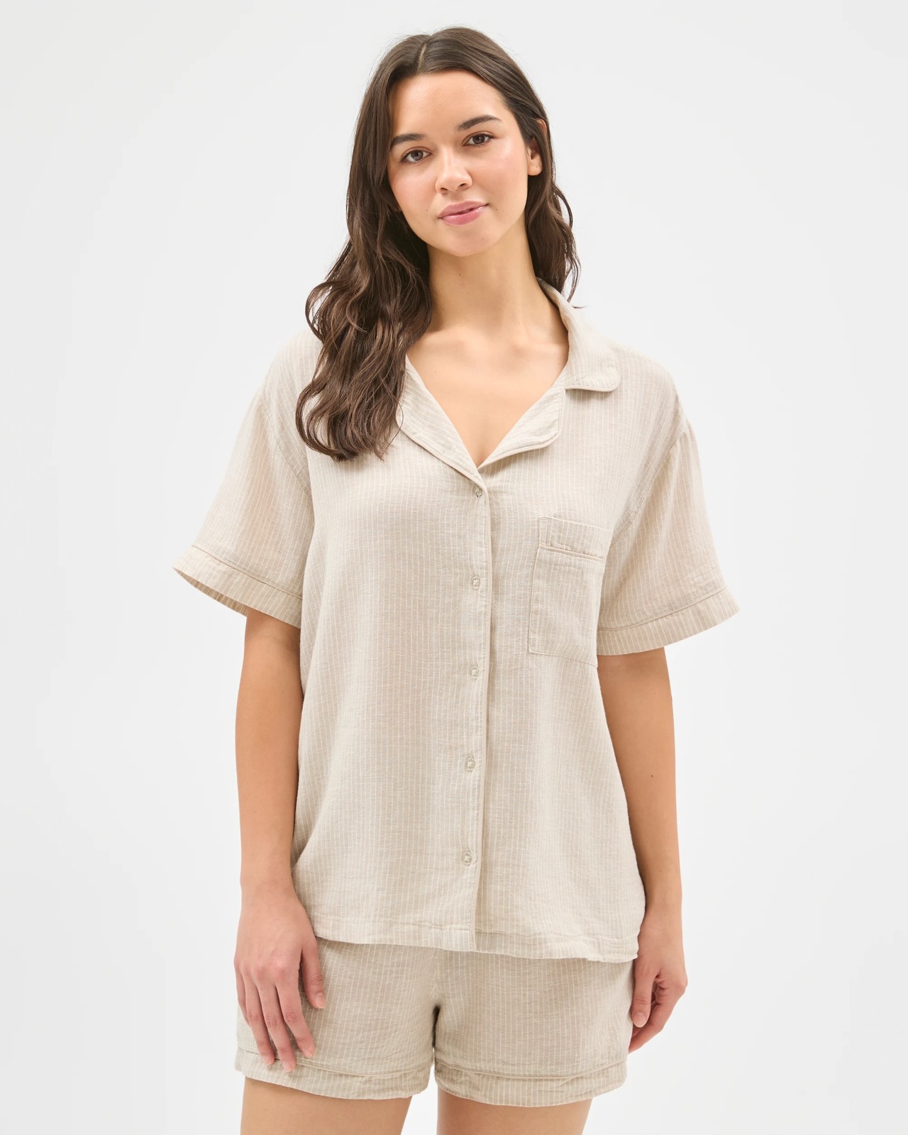 Linen Blend Short Pyjama Set - Neutral Stripe 3 of 5