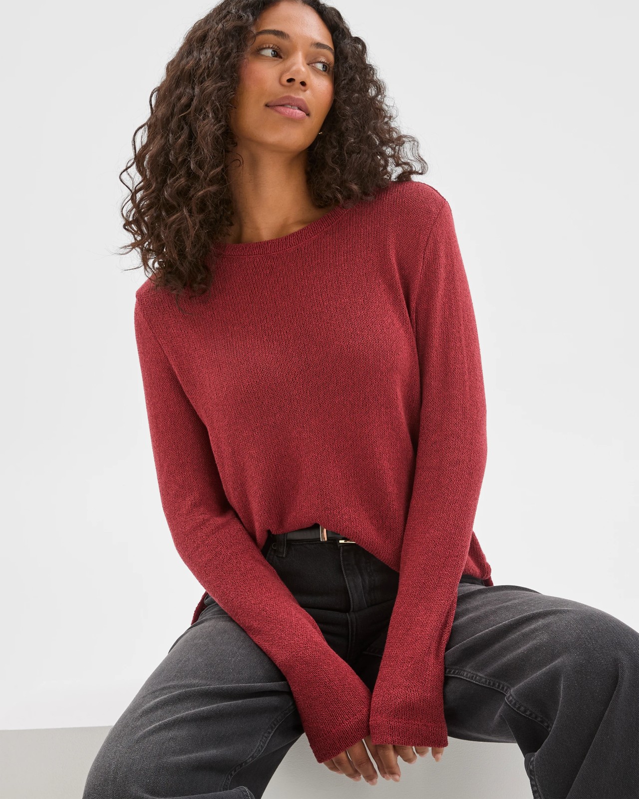 Australian Cotton Blend Long Sleeve Step Hem Textured Knit Top - Brick 5 of 5