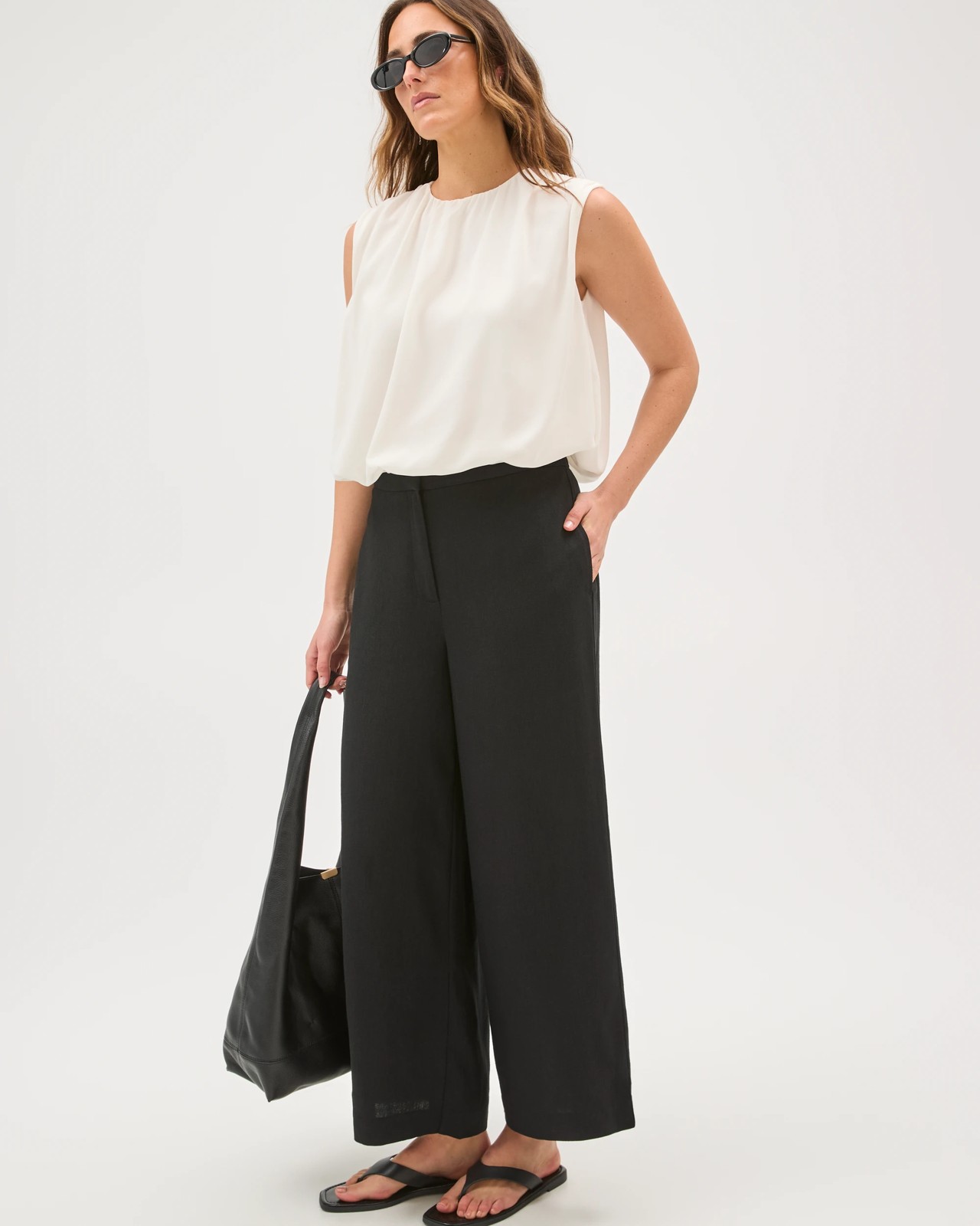 Preview Linen Blend Wide Leg Culotte Pants - Black 2 of 6
