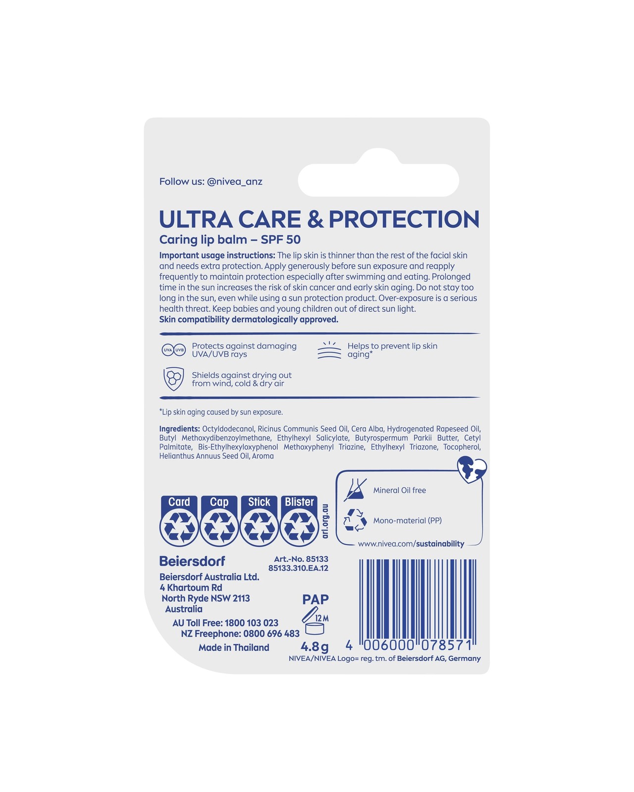 Nivea Ultra Care and Protection SPF 50 Lip Balm 4.8g 2 of 6
