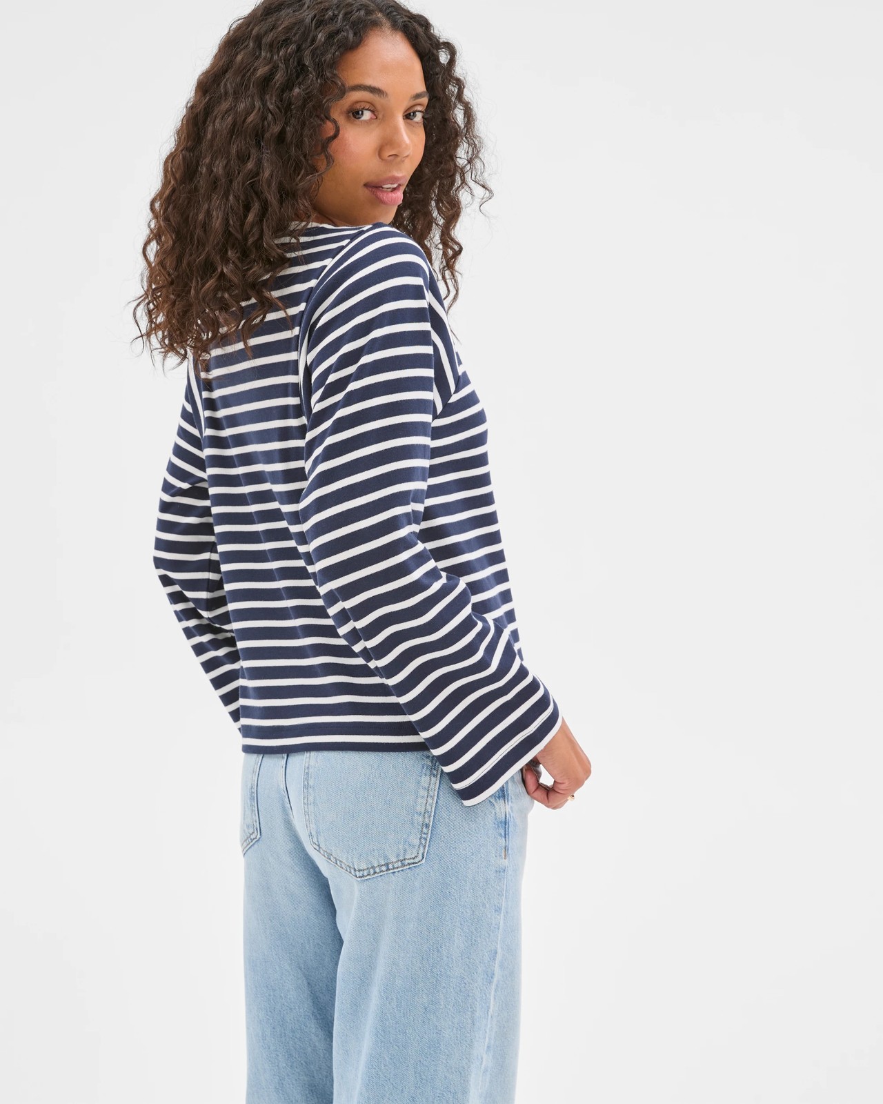 Australian Cotton Long Sleeve Spliced Top - Ink Navy/Brilliant White 4 of 5