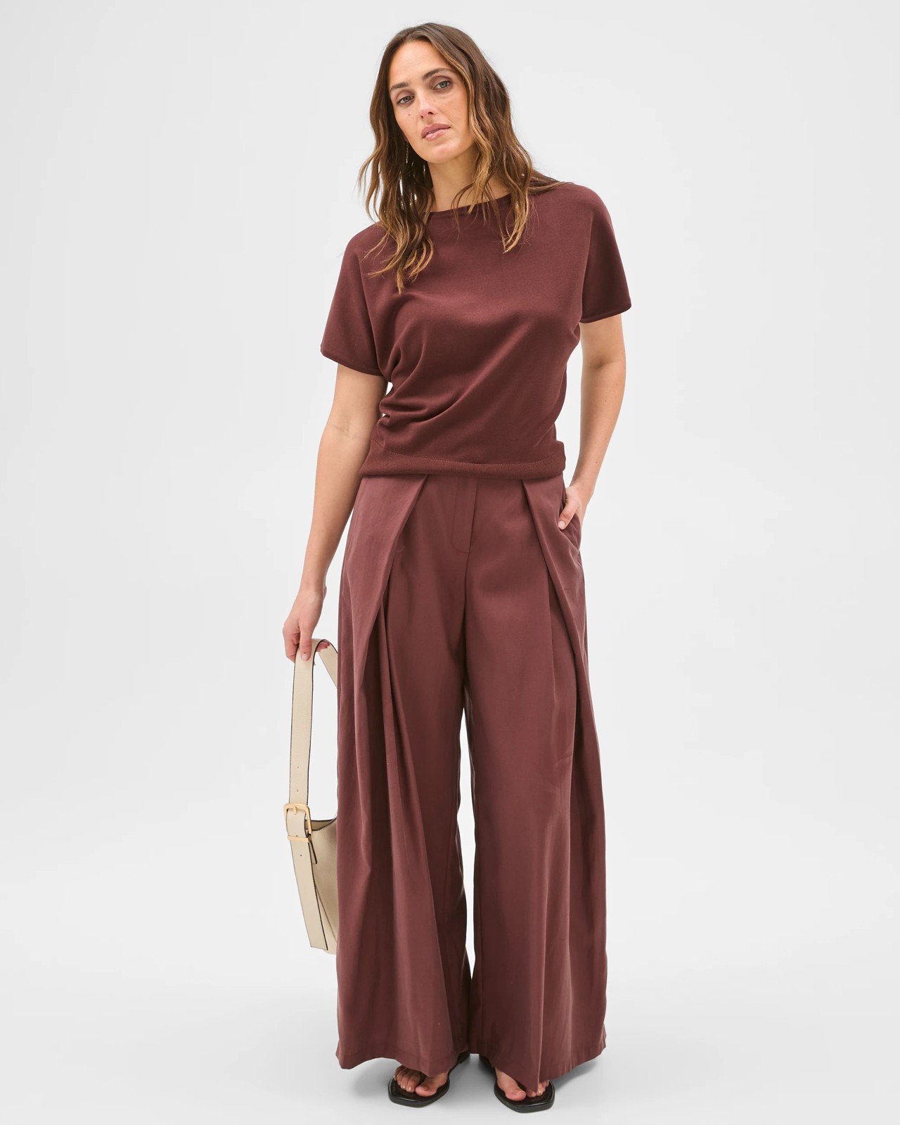 Preview Crossover Pleated Wide Leg Pants - Dark Chocolate 3 of 5