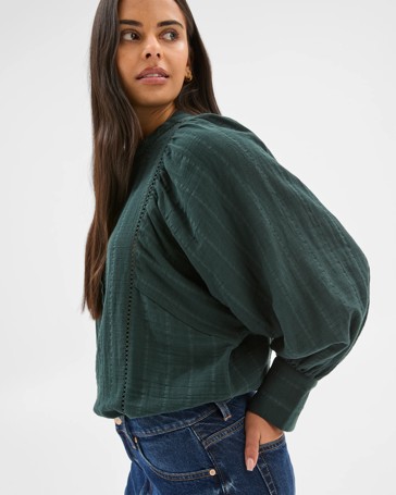 Double Cloth Long Puff Sleeve Lace Trim Shirt