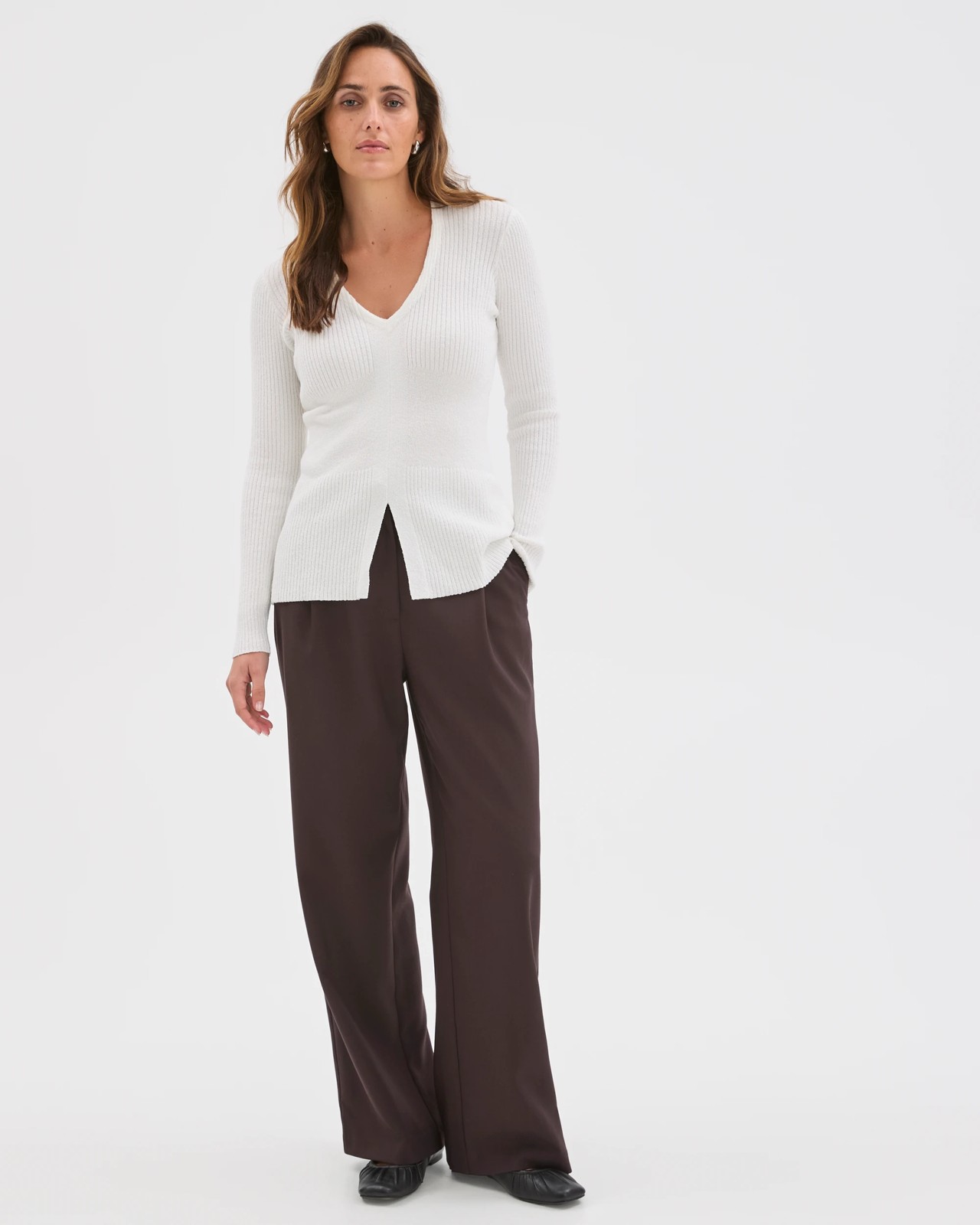 Preview Long Sleeve V-Neck Boucle Knit Top - White 2 of 5