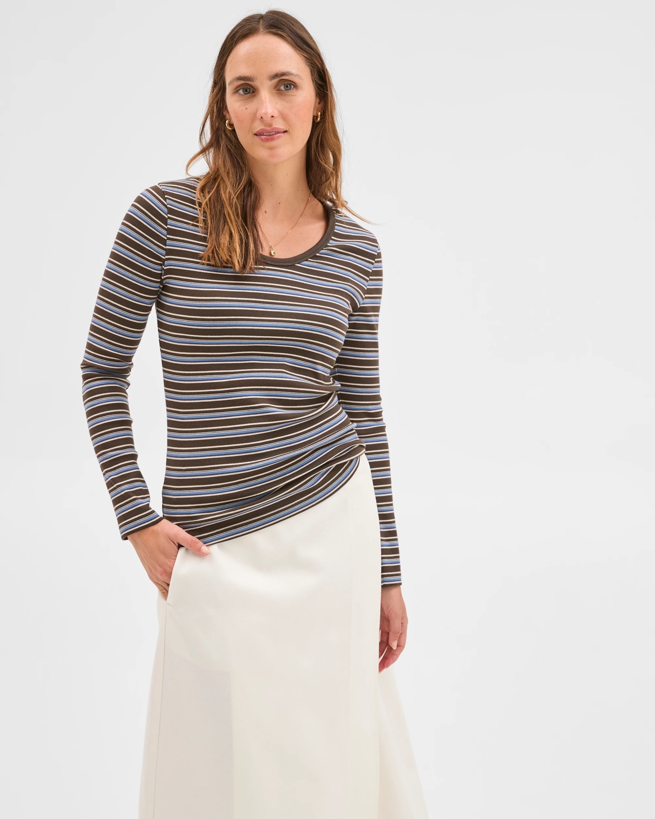 Australian Cotton Long Sleeve Scoop Neck Rib T-Shirt - Stripe 3 of 5