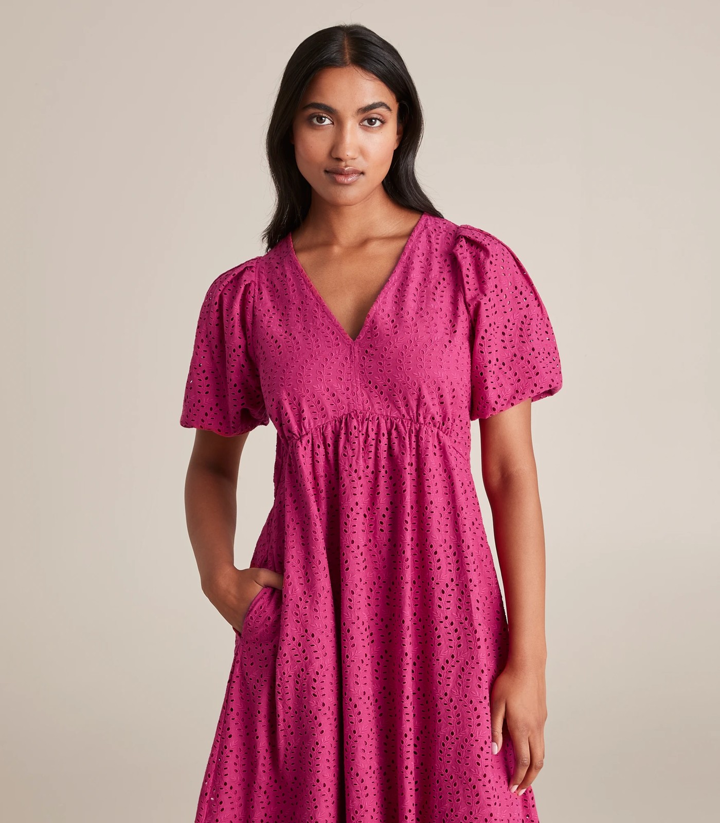 Broderie V-Neck Puff Sleeve Midi Dress | Target Australia