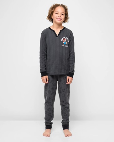 Super Mario Older Boys Waffle Pyjama Set - Charcoal Black