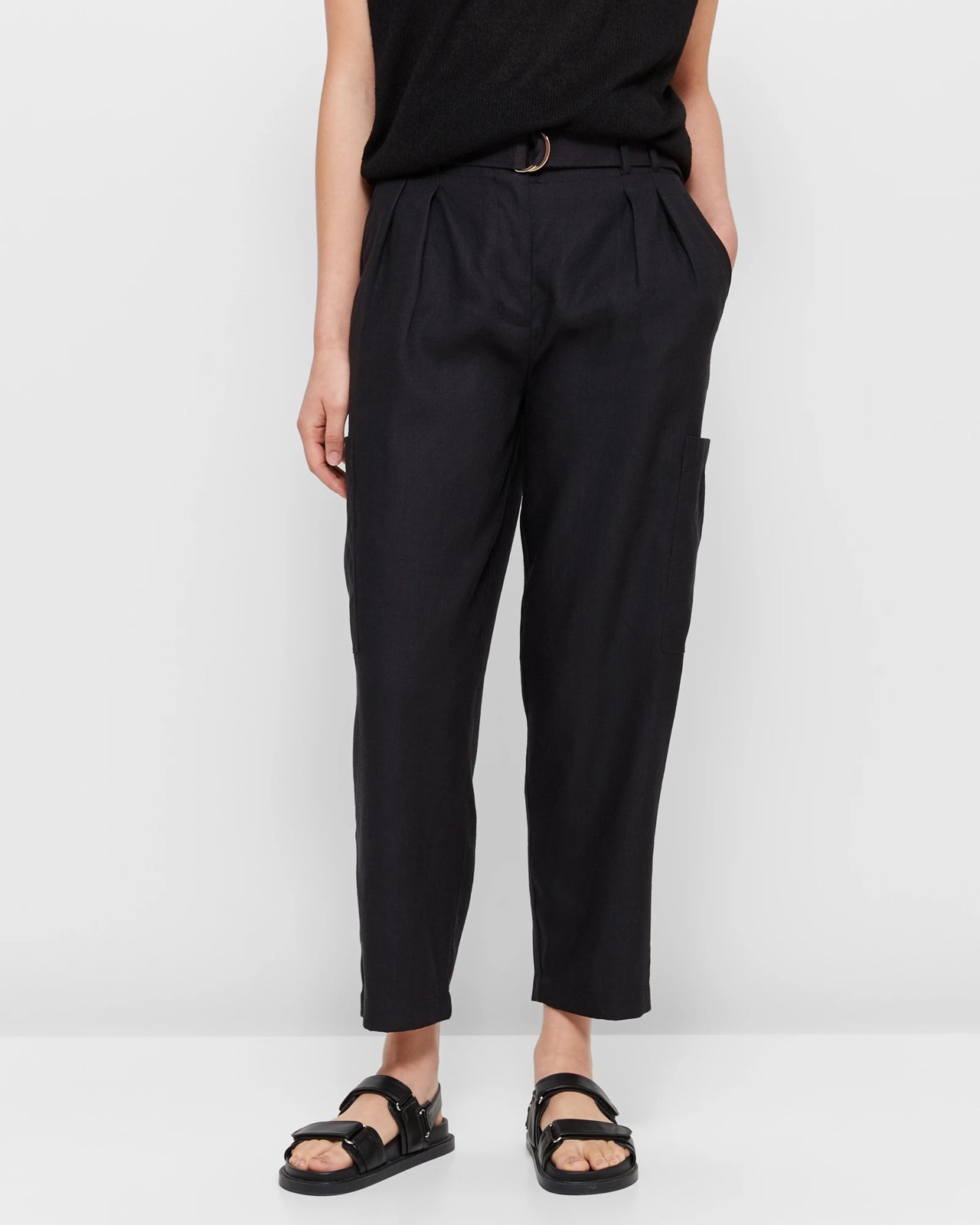 Linen Blend Belted High Waist Pants