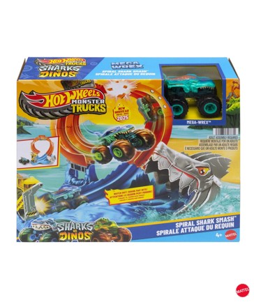 Mattel Hot Wheels Monster Trucks Corkscrew Shark Smash Track Set & MEGA-Wrex Toy Truck