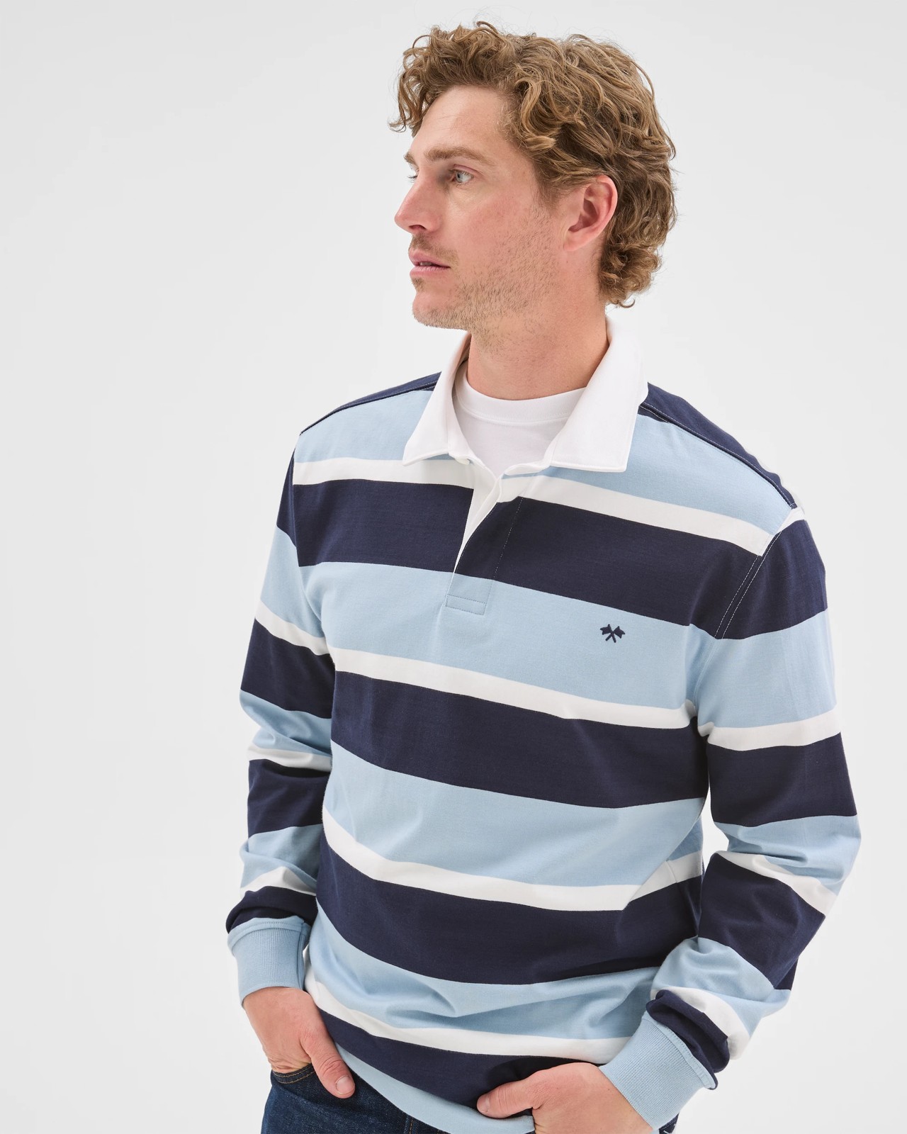 Australian Cotton Long Sleeve Rugby Polo Top - Blue / Stripe 3 of 5