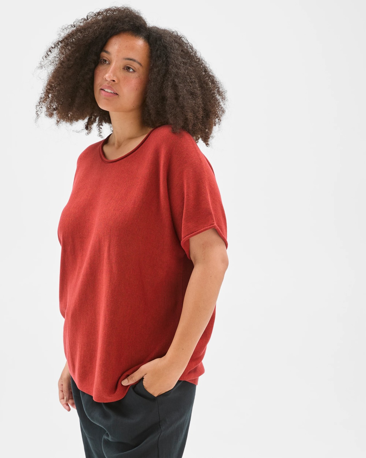Plus Size Australian Cotton Blend Roll Edge Knit Top - Terracotta 3 of 5