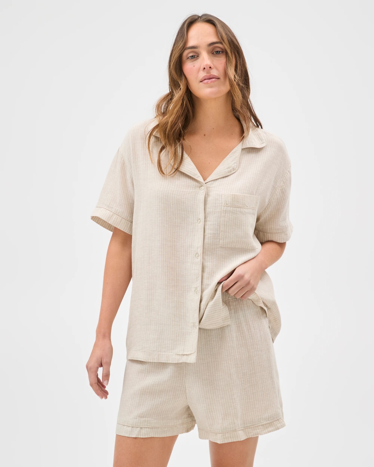 Linen Blend Short Pyjama Set - Neutral Stripe 2 of 5
