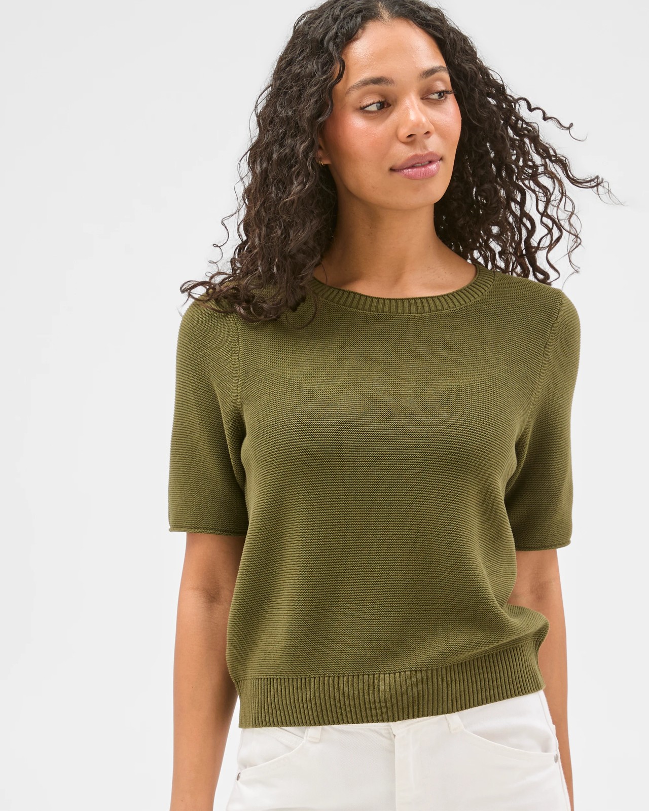 Australian Cotton Blend Relaxed Fit Ottoman Stitch Knitted T-Shirt - Deep Moss 4 of 6