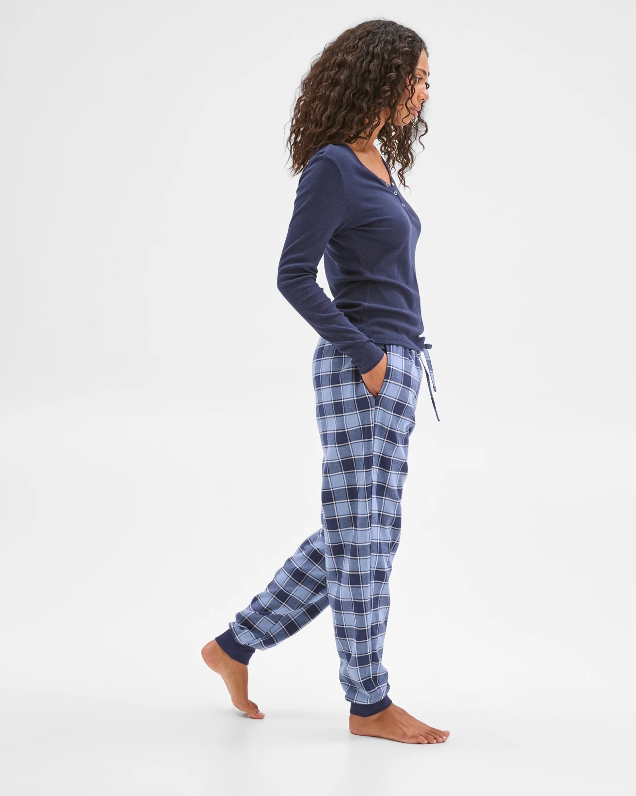Australian Cotton Flannelette Jogger Sleep Pants - Navy Buffalo Check 4 of 6