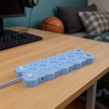 Arlec 8 Outlet Hexagon Wide Spaced Outlets & USB A & C Ports Powerboard - Blue