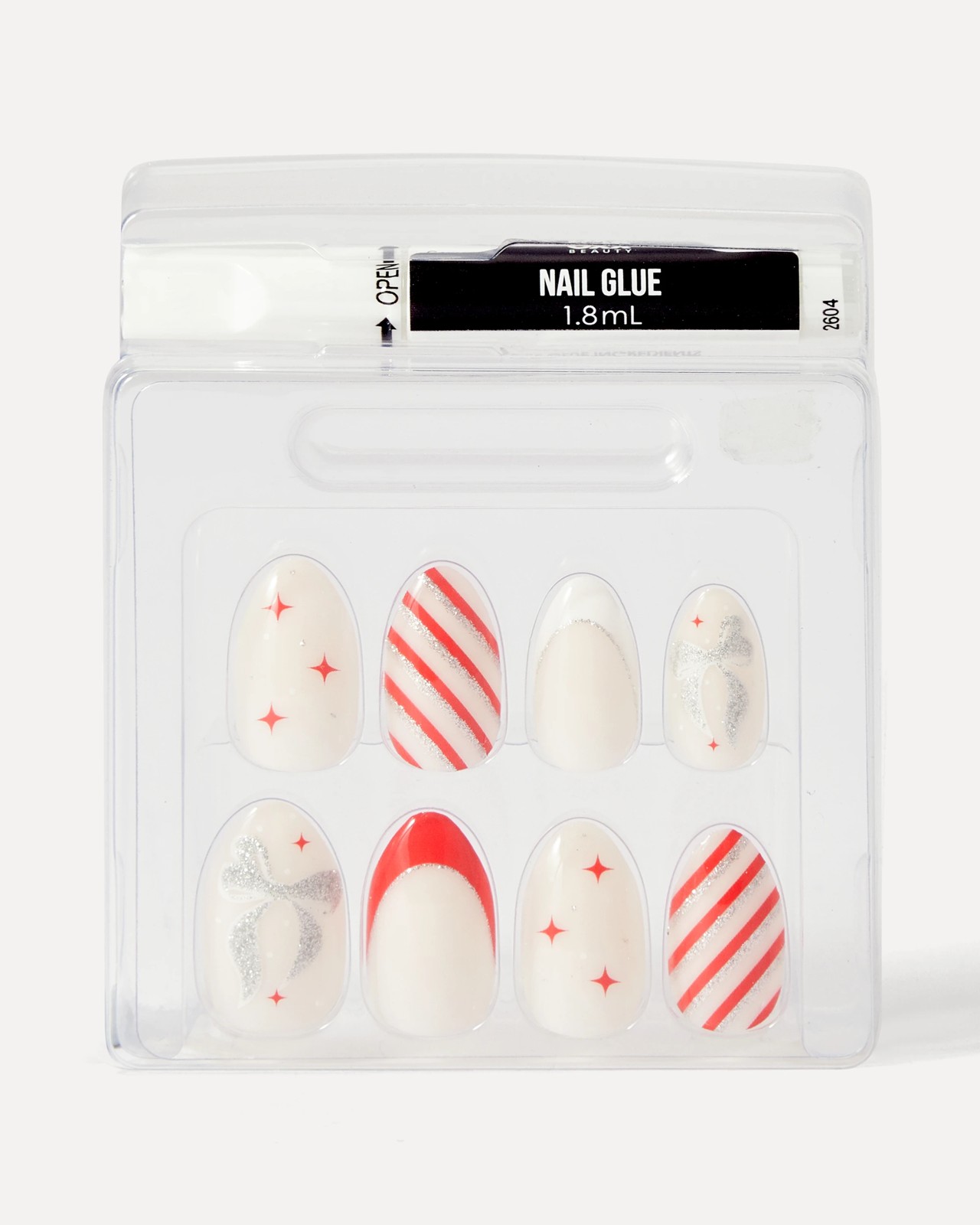 OXX Beauty 24 Pack Sleigh Season Artificial Nails with Adhesive - Almond Shape, Red and White 3 of 4