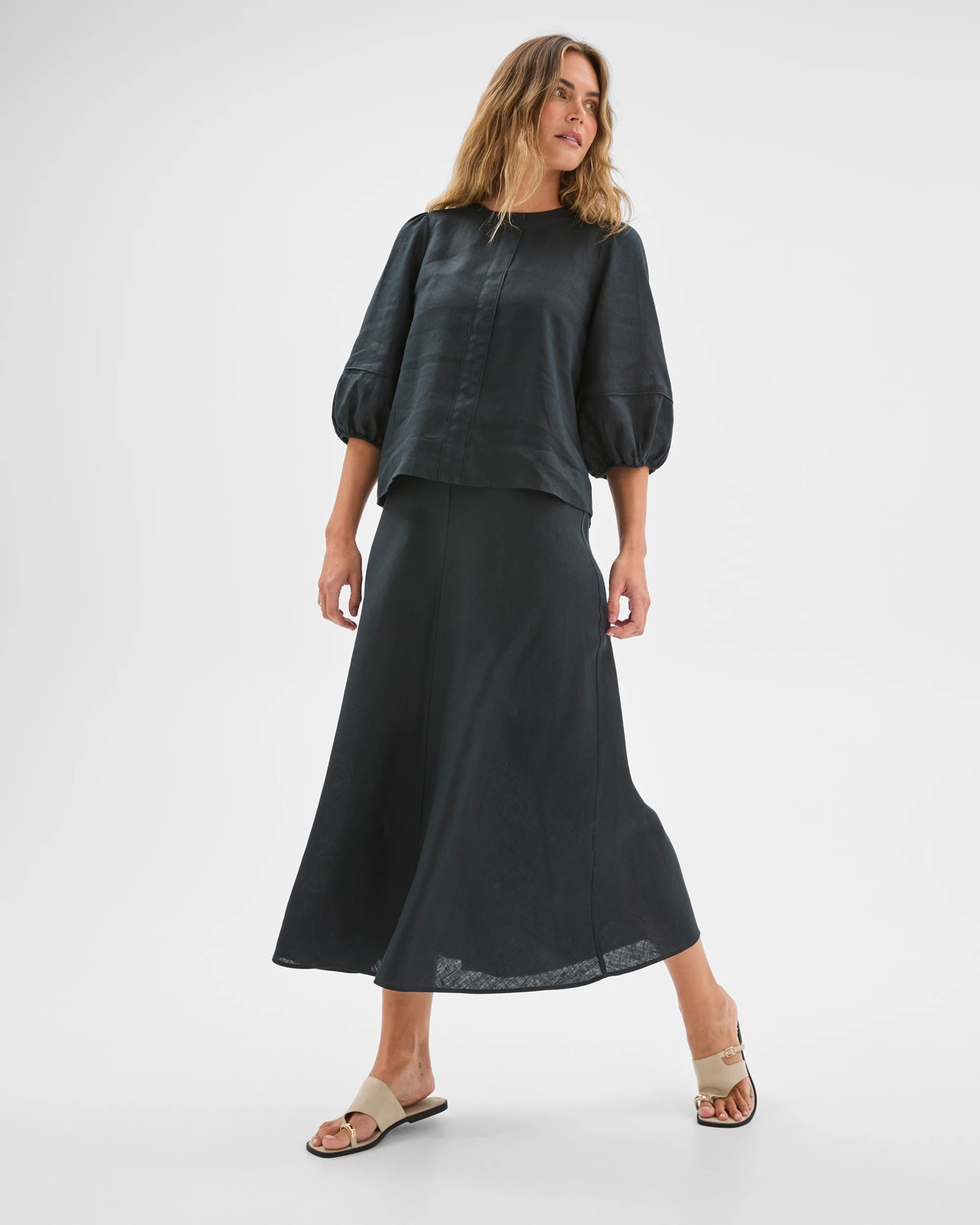 European Linen Seam Detail Skirt - Black 3 of 6