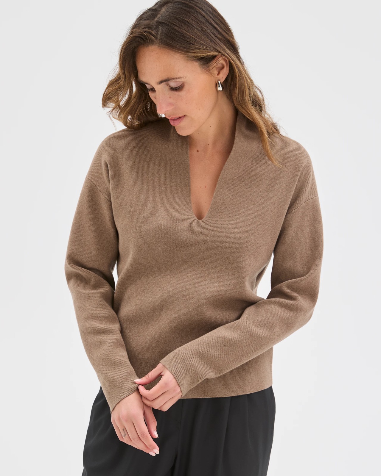 Preview Australian Cotton Blend Long Sleeve Deep V-Neck Jumper - Smoked Taupe Marle 3 of 6