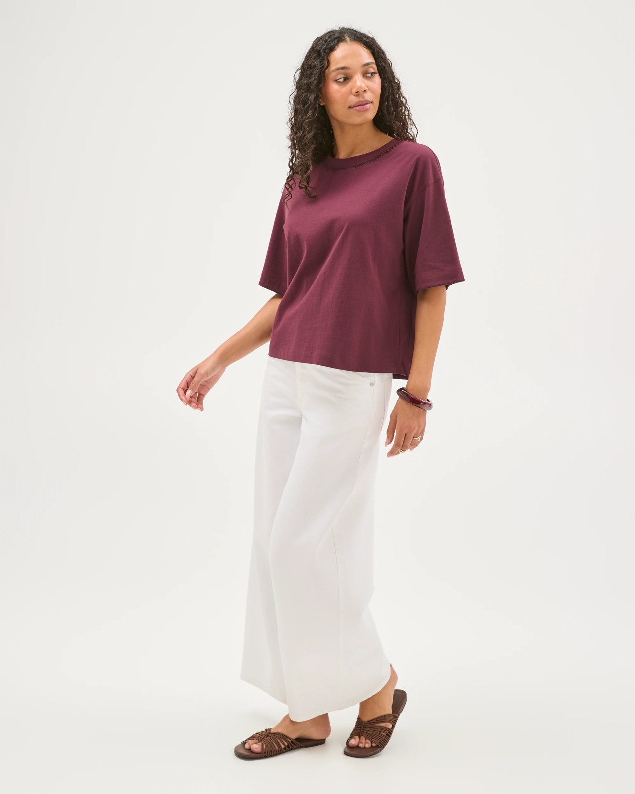 Australian Cotton Boxy Stitch Detail T-Shirt - Merlot 5 of 6