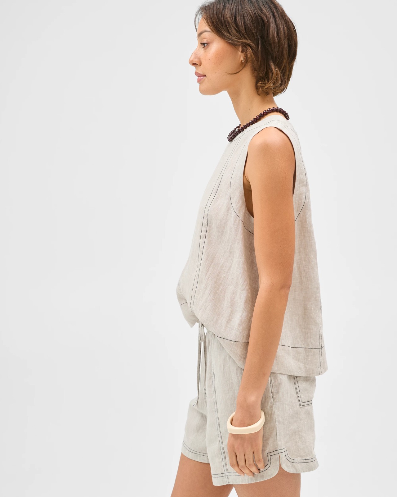 European Linen Contrast Stitch Shorts - Flax 5 of 5