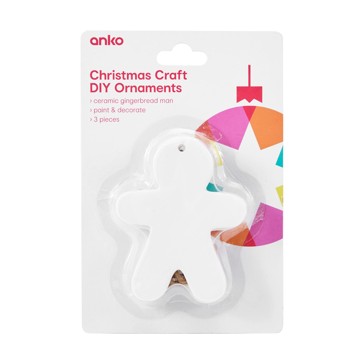 3 Piece Christmas Craft DIY Ornaments, Ceramic Gingerbread Man - Anko