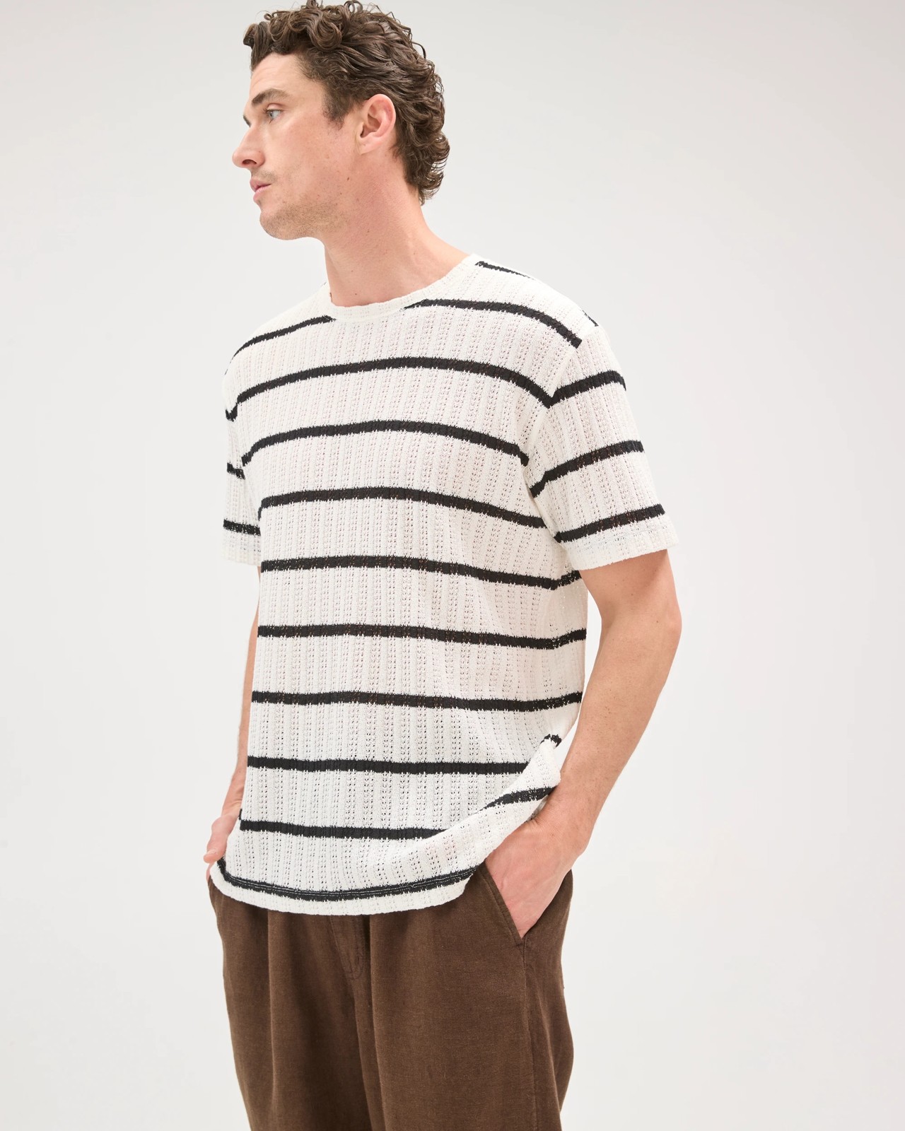 Australian Cotton Blend Pointelle Stripe T-Shirt - Neutral 4 of 6