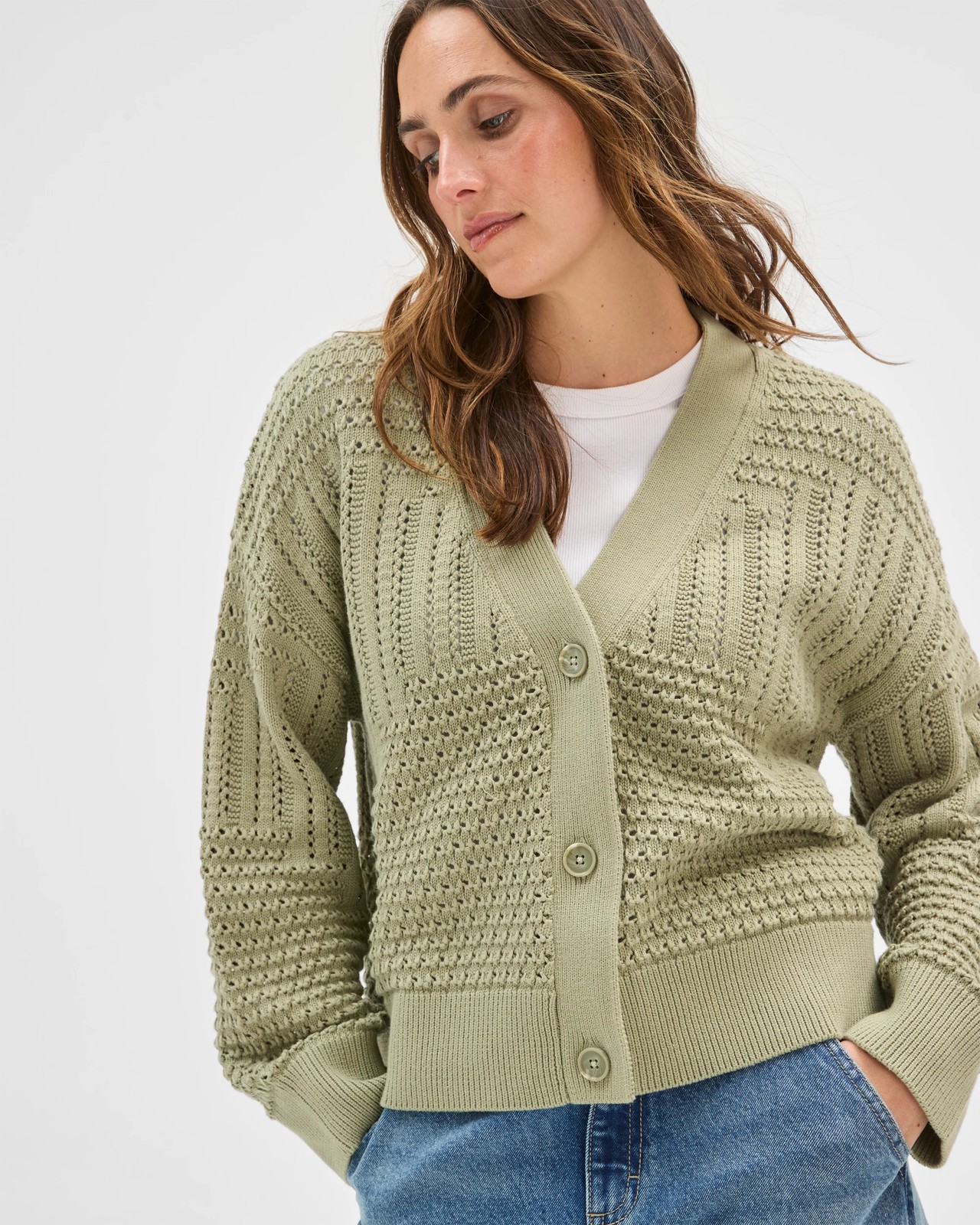 Australian Cotton Crochet Knit Cardigan  - Soft Sage 3 of 5