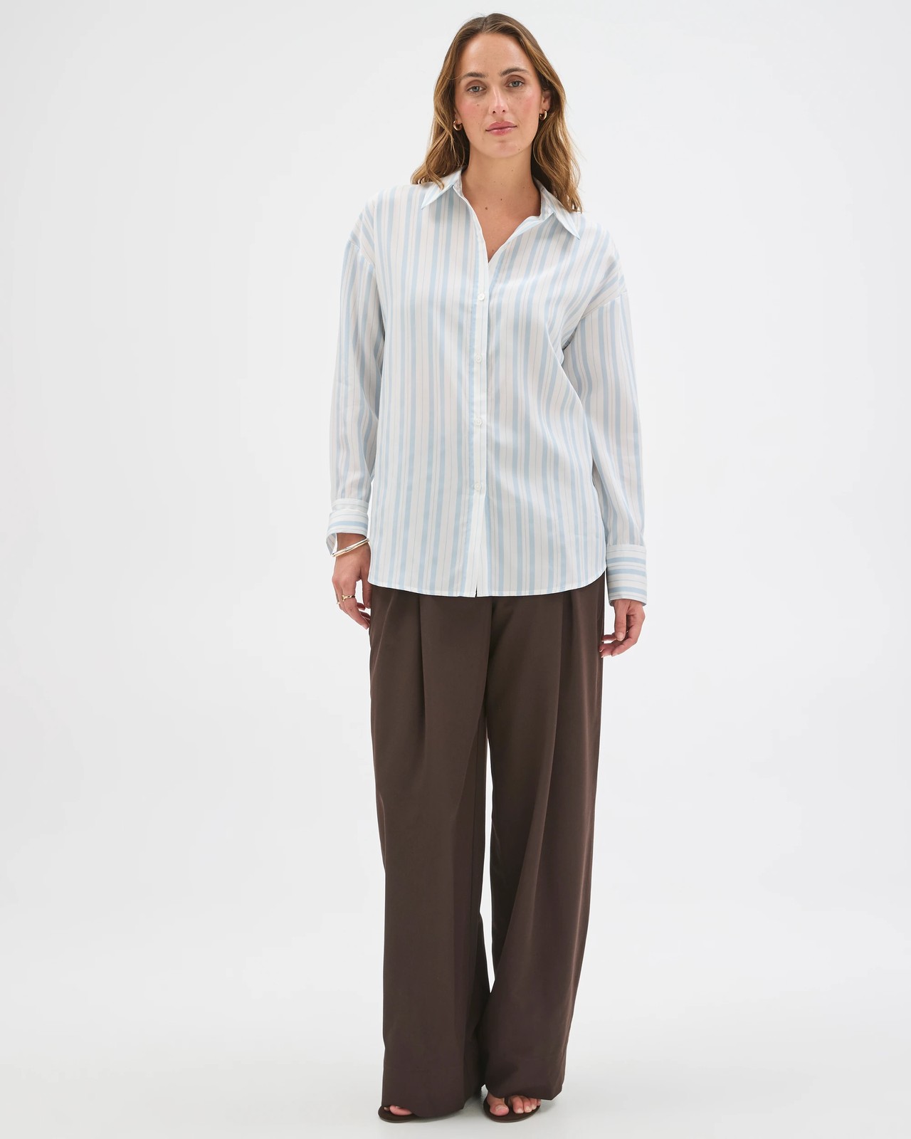Preview Lyocell Long Sleeve Back Detail Shirt - Dusty Blue Stripe 2 of 5