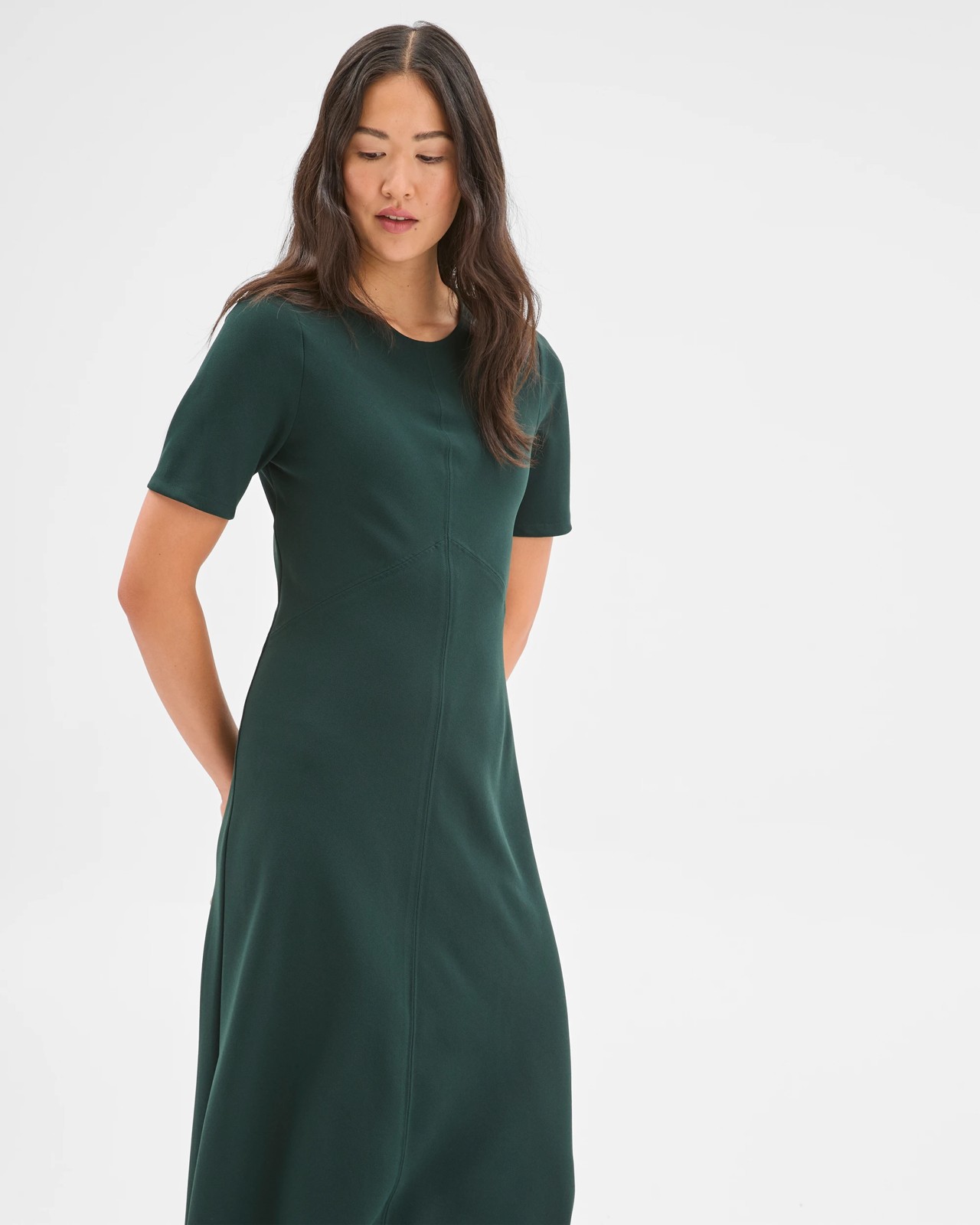 Preview Short Sleeve Midi Crepe Woven Dress - Mid Jade 3 of 5