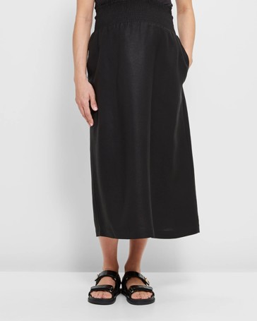 Maternity European Linen Blend Shirred Waist Midi Skirt
