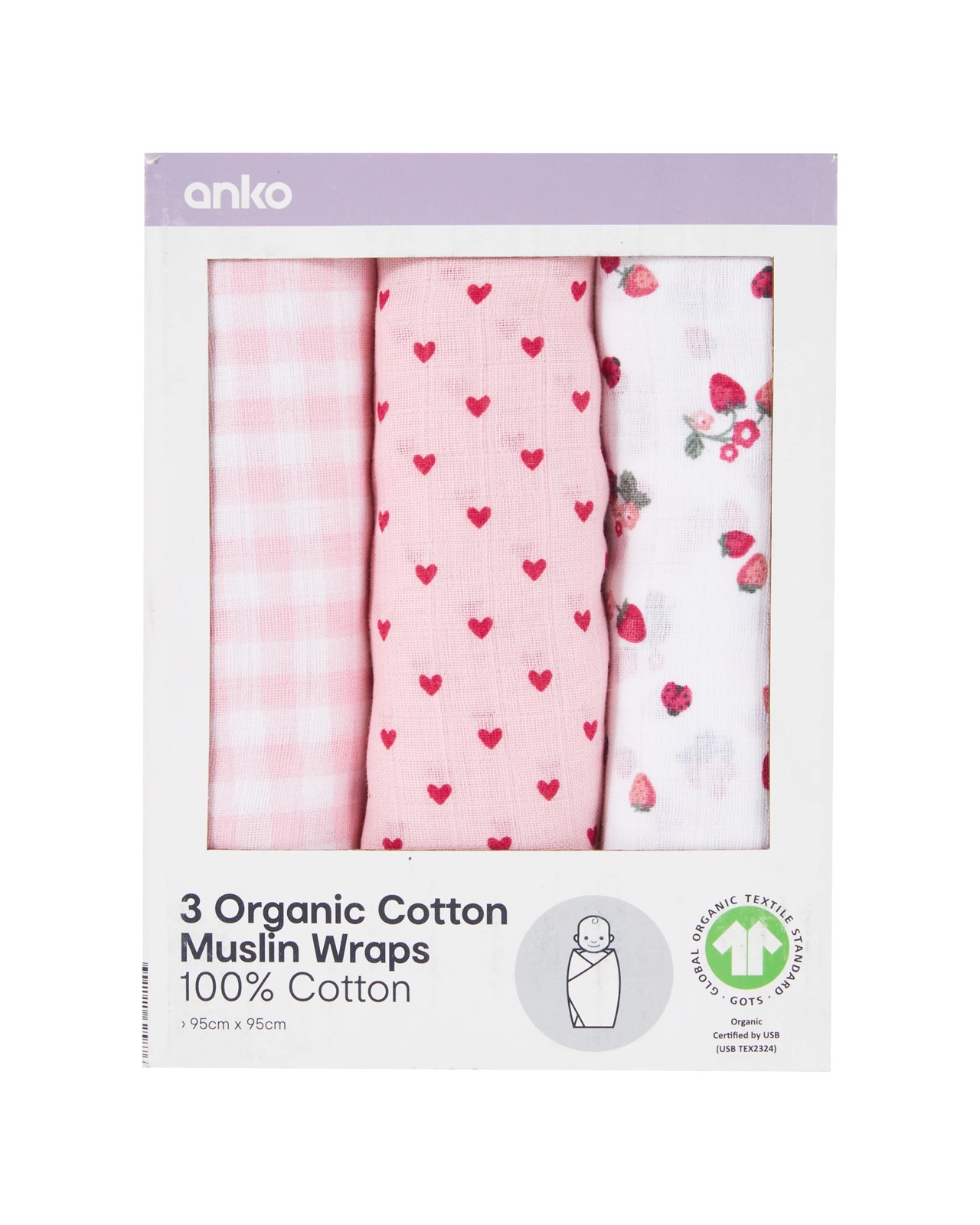 Anko 3 Pack Organic Cotton Muslin Wraps - Berry 2 of 6