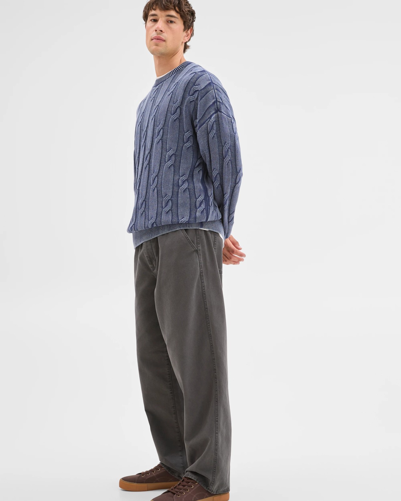 Commons Australian Cotton Cable Knit Washed Crew Jumper - Acid Navy 4 of 6