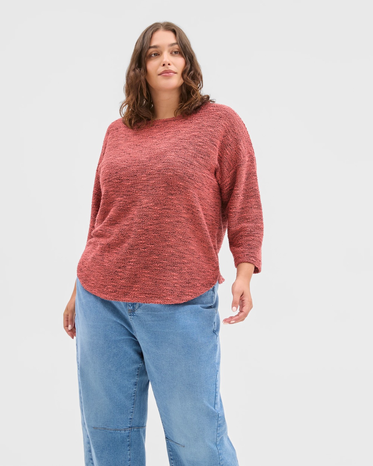 Plus Size Australian Cotton Blend Curved Hem Textured Top - Marsala 2 of 6