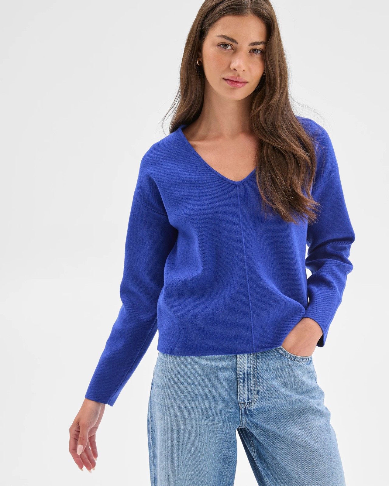 Petites Australian Cotton Blend Polished V-Neck Jumper - Cobalt Blue 2 of 6