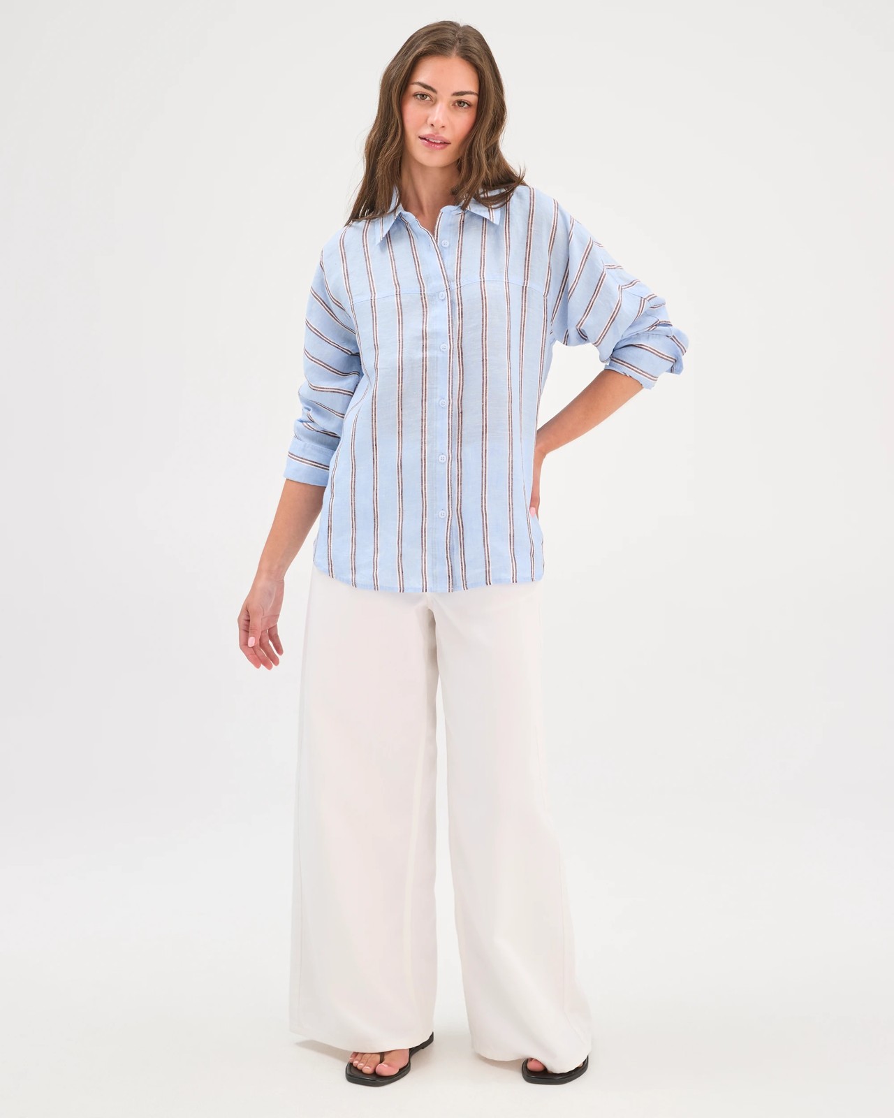 Petites European Linen Seamed Shirt - Blue / Stripe 2 of 5