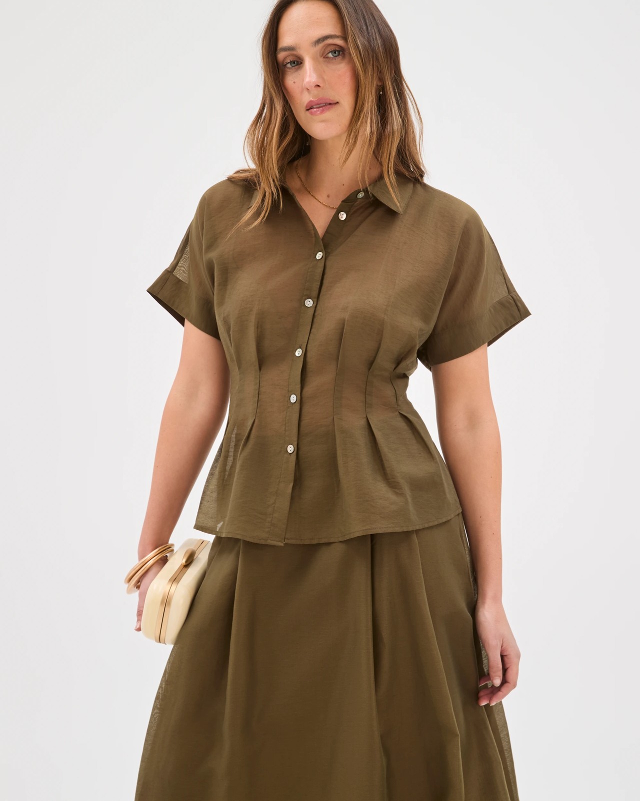 Preview Helena Short Sleeve Tuck Shirt - Khaki Olive 3 of 6