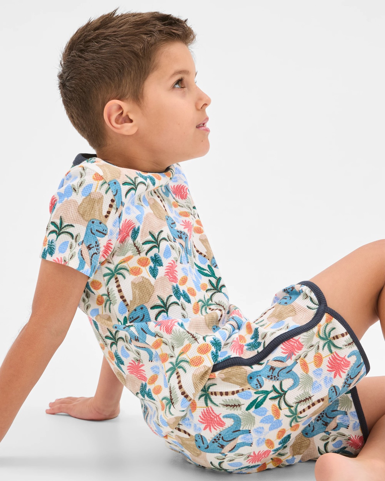 Organic Cotton Younger Boys Elevated Knit Waffle Pyjama Set - Multi Dinosaur 4 of 5
