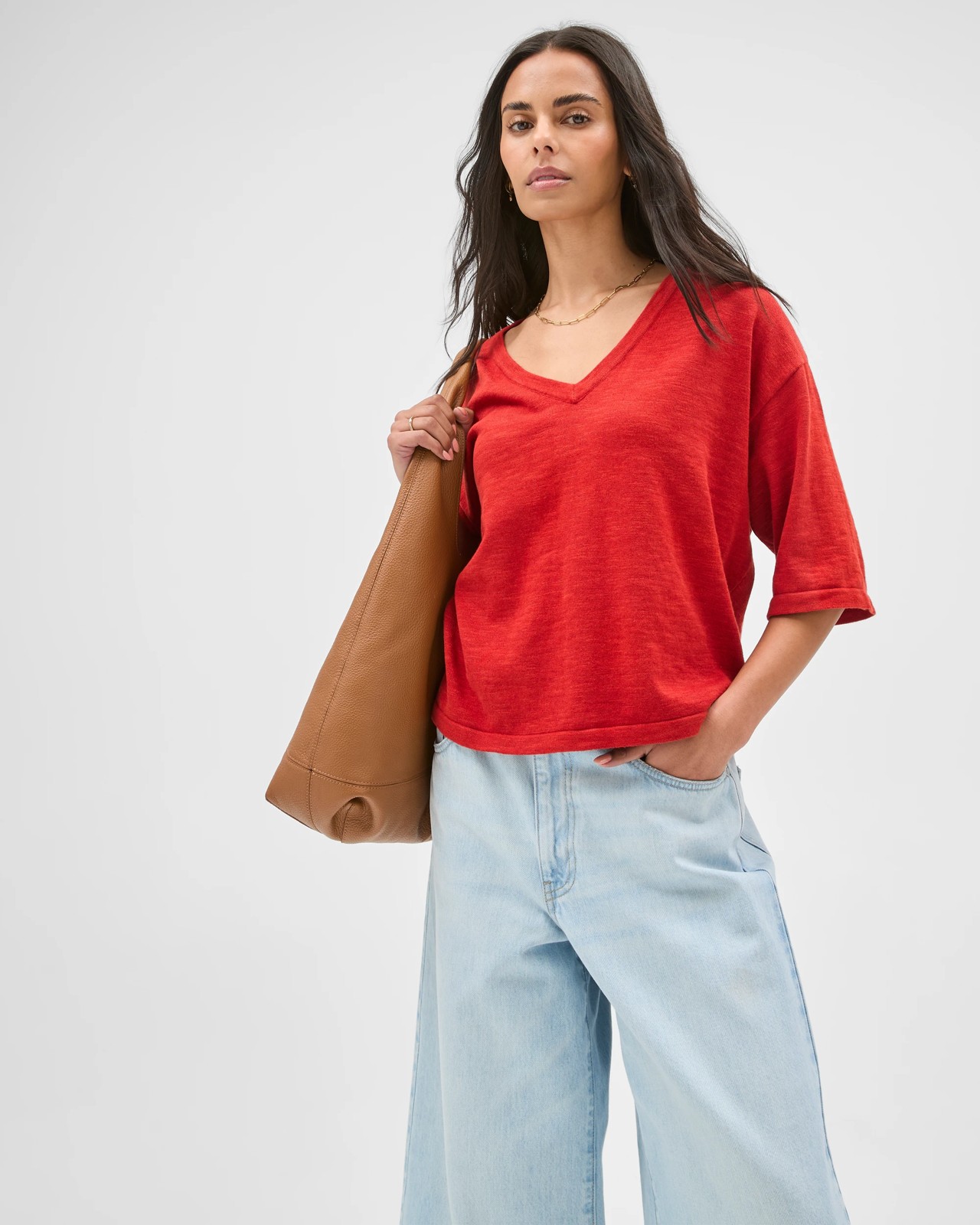 Australian Cotton Blend Boxy V-Neck Knitted T-Shirt - Warm Terracotta 2 of 5