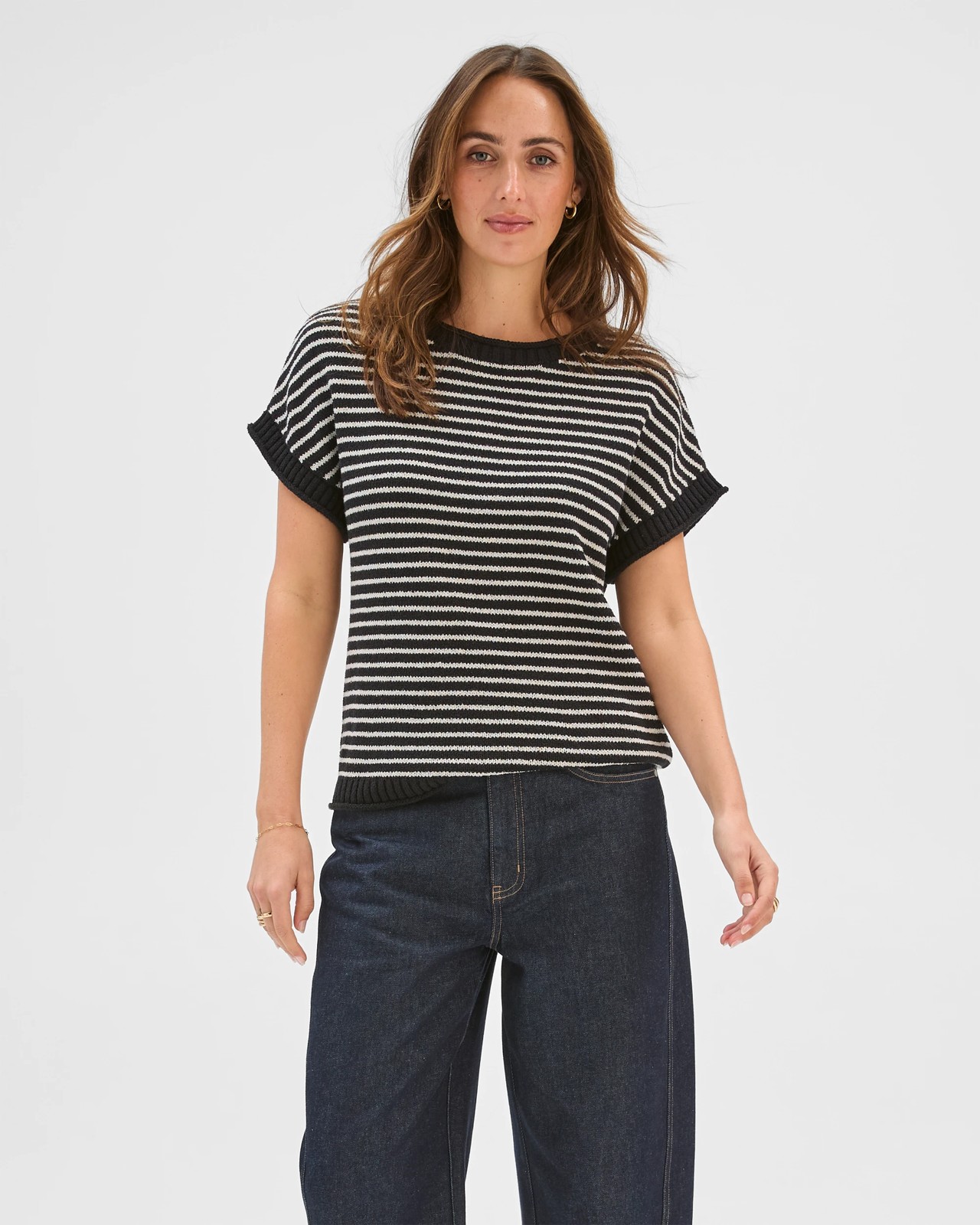 Australian Cotton Blend Boucle Roll Trim Knit Top - Black/Pumice Stripe 2 of 6