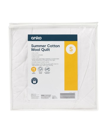 Anko Low Warmth Summer Cotton Wool Quilt, Single Bed - White
