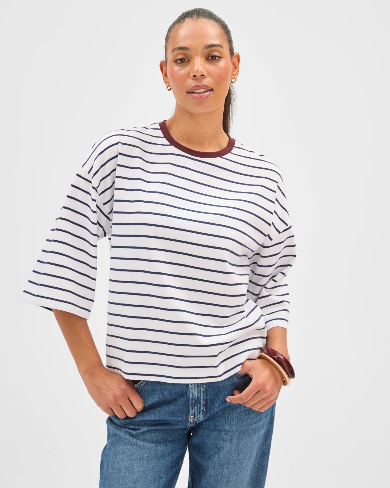 Australian Cotton 3/4 Length Wide Sleeve Boxy T-Shirt - Navy/White/Burgundy 4 of 6
