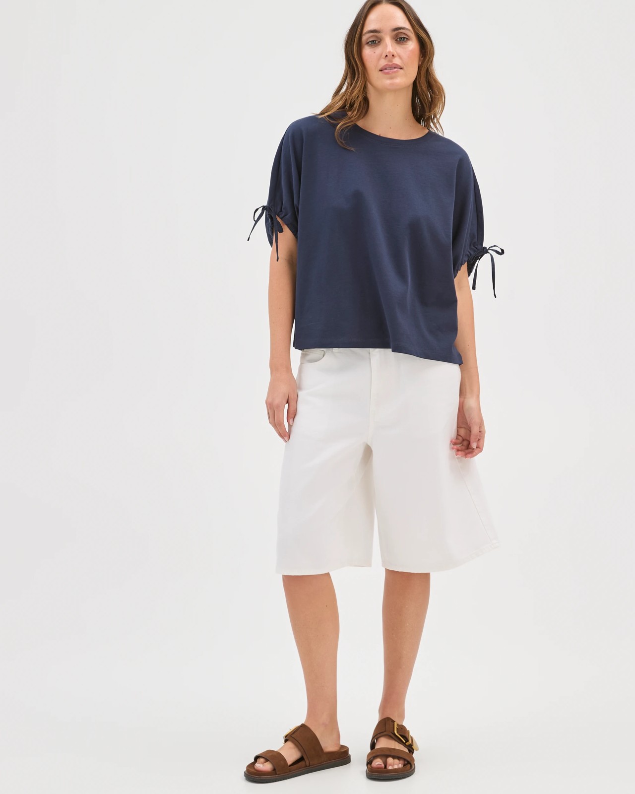 Australian Cotton Gathered Sleeve Cocoon T-Shirt - Navy 2 of 5